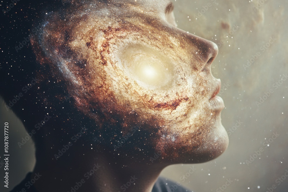 Aufkleber A portrait of a person with a beautiful spiral galaxy visible in the background, suitable for use in space-themed designs or as a metaphorical representation