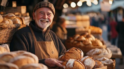 Happy baker at a market stall with fresh bread and warm smiles for customers.