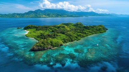 Fototapeta premium Drone view of a lush green island with clear water surrounding it.