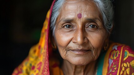 Fototapeta premium Elderly Indian woman with a sari and a warm expression.