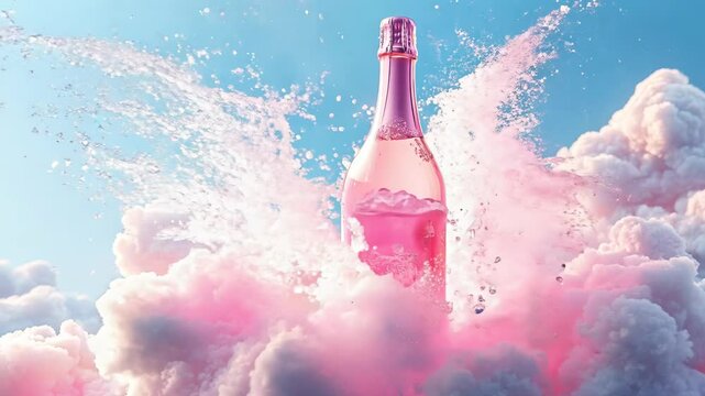 A pastel champagne party in the blue sky with clouds. A pastel liquor bottle with a pink drink exploding out of it. . Generative AI. 4K Video