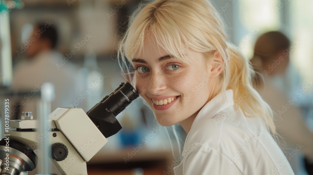 Poster a scientist looks at a microscopic sample, likely conducting research or analyzing data