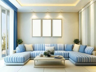 Modern Living Room with Blue Striped Sectional Sofa