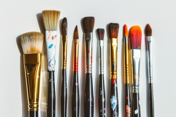 Fototapeta premium A row of brushes arranged neatly on a white surface, ideal for use in editorial or commercial contexts