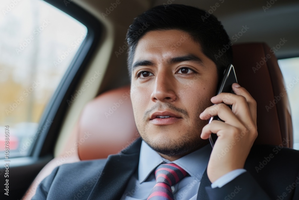 Poster a person seated in a vehicle speaking on a handheld device