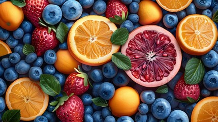 Colorful mix of fresh strawberries, blueberries, oranges, and grapefruits.