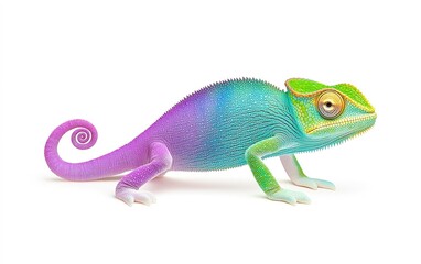 Obraz premium A vibrant chameleon showcasing its colorful skin patterns while perched on a branch in a lush green environment during daylight hours