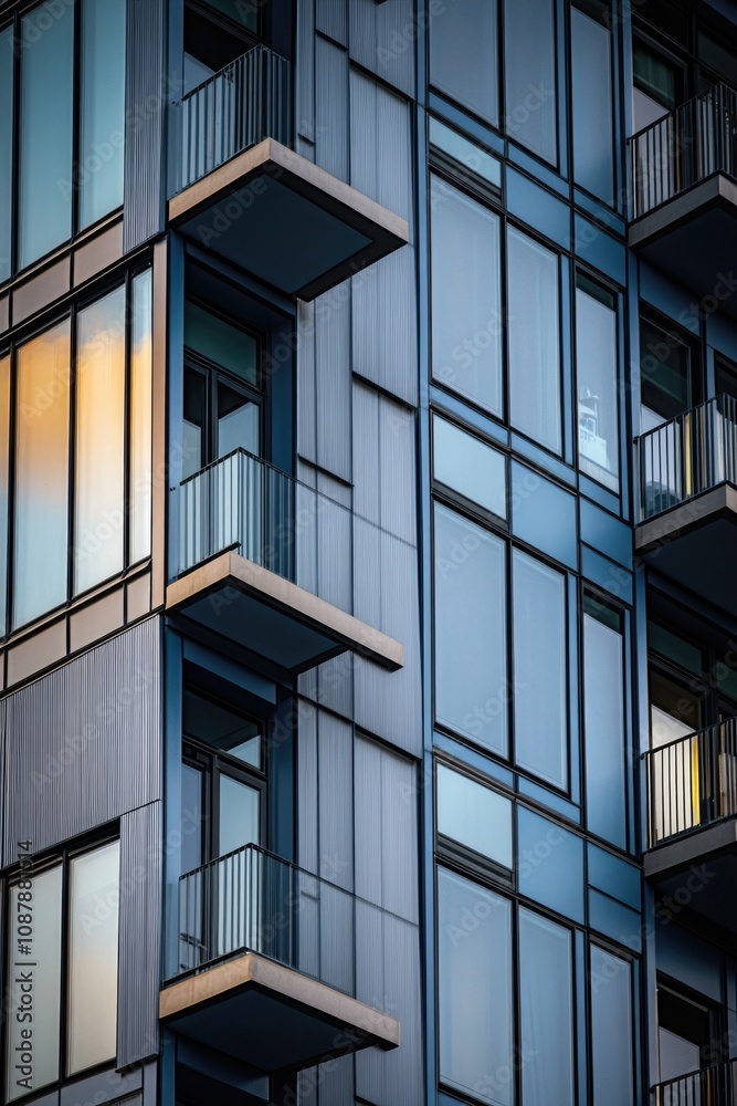 Aufkleber tall building with multiple balconies and a cityscape in the background