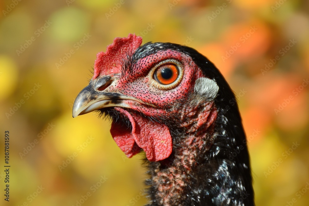 Poster a close-up view of a chicken's distinctive red head, often seen in farmyards and backyard flocks