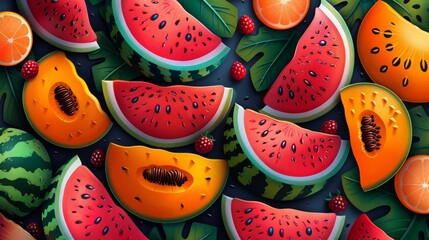 Colorful summer fruit background with watermelon, cantaloupe, raspberries, and orange slices.