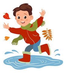 Smiling boy running puddles. Autumn season joy