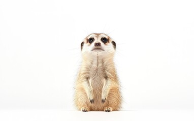 Obraz premium A curious meerkat stands upright, observing its surroundings with keen interest against a plain white background