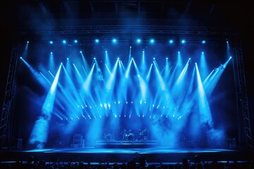 A stage with bright blue lights and smoke effects, suitable for use in concert or show settings