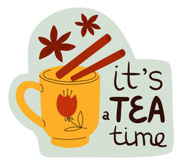 Tea time cute sticker. Cozy drink mug
