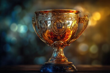 A golden trophy sits on a wooden table