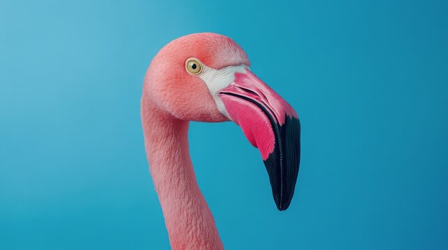 A close up of a flamingos head against a bright blue background during midday