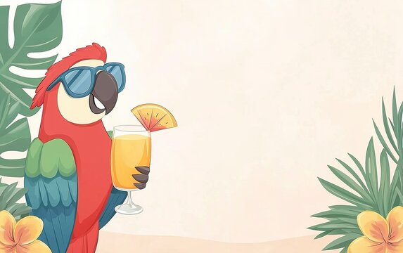 A colorful parrot in sunglasses holds a tropical drink with a slice of pineapple near tropical flowers and greenery decor