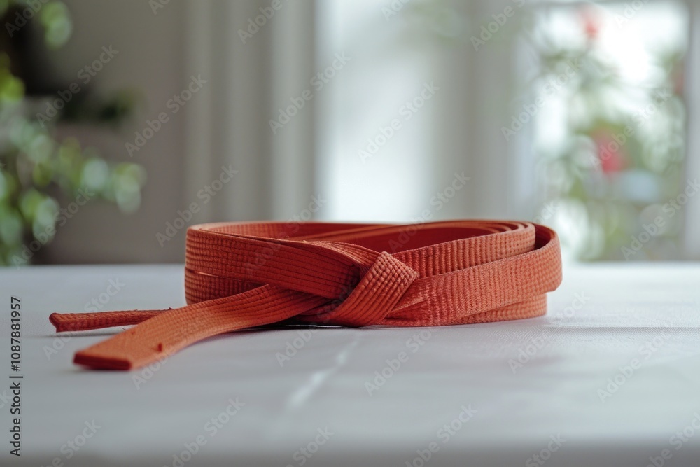Poster a detailed shot of a belt lying on a flat surface, perfect for illustrating storage or display conce