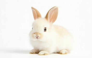 Obraz premium Adorable fluffy white rabbit sitting calmly on a light background during a bright and cheerful afternoon