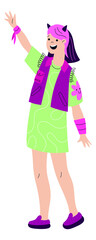 Party girl in neon outfit. Trendy disco fashion
