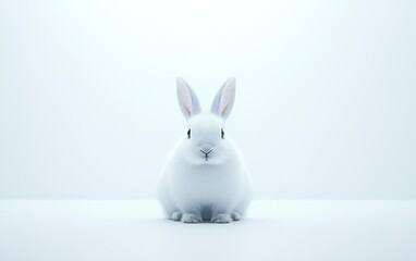 Obraz premium A fluffy white rabbit sits calmly on a plain surface against a bright, minimalist background during a serene moment