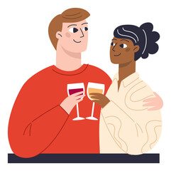 Happy couple with wine glasses. Romantic evening drink