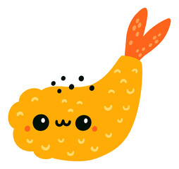 Cute tempura character. Fried shrimp kawaii mascot