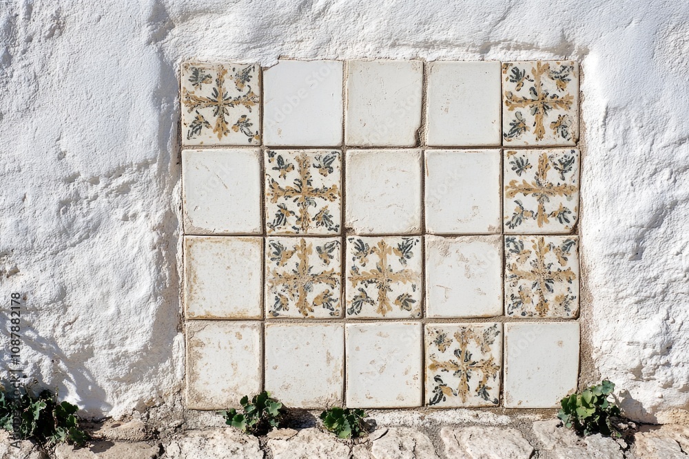 Poster a close-up shot of a decorative tile on a plain white wall, suitable for interior design or architec