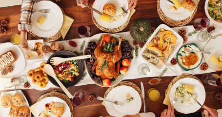 Above, eating and festive with family and food for celebration, support and thanksgiving holiday....