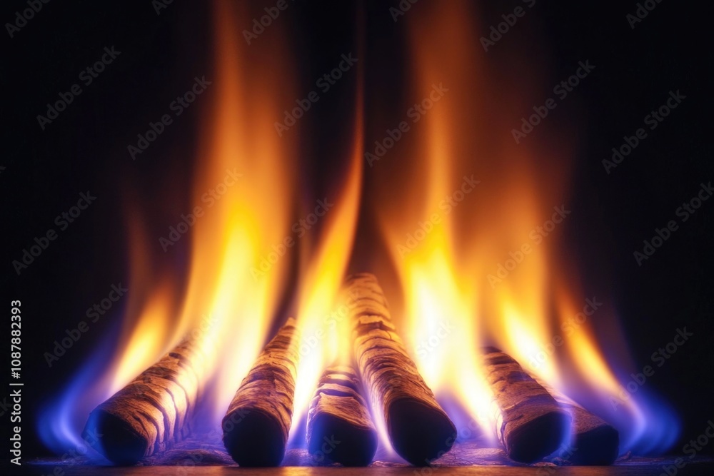 Poster close-up shot of a fire with flames emerging from the burning fuel, suitable for use in scenes where