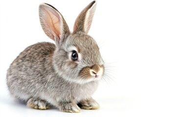 A fluffy grey rabbit sitting quietly on a white background during the afternoon light