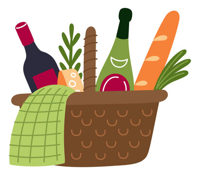 Picnic basket color icon. Wine and food for outdoor dinner