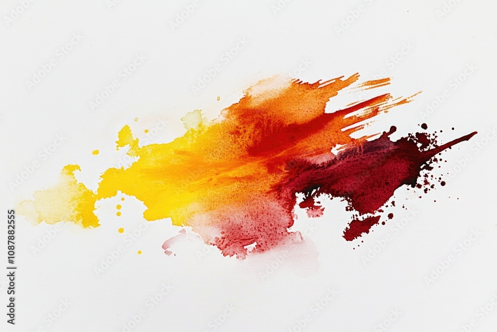 Poster A vibrant mix of red and yellow paint splatters on a white surface, ideal for use in creative projects or as a background element