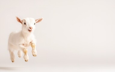 Obraz premium Playful baby goat jumps in a bright studio setting on a clear day, showcasing its energy and joy