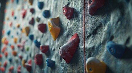 A detailed view of a rock climbing wall, suitable for outdoor adventure and sports themes