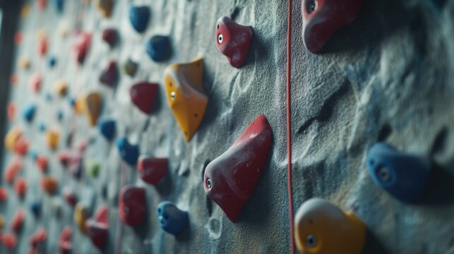 A detailed view of a rock climbing wall, suitable for outdoor adventure and sports themes