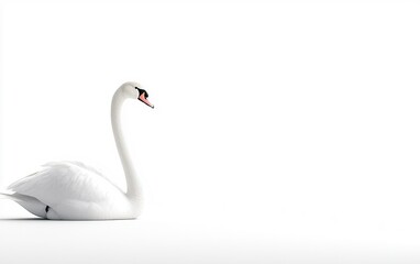 Fototapeta premium Elegant white swan resting in bright light by a serene waterbody during early morning hours