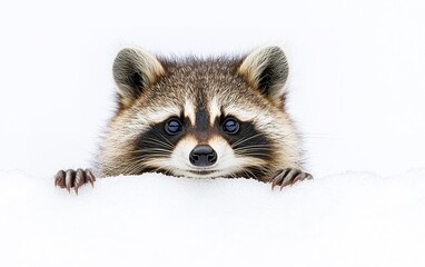 Obraz premium Raccoon peeking over snow in a winter landscape during daytime