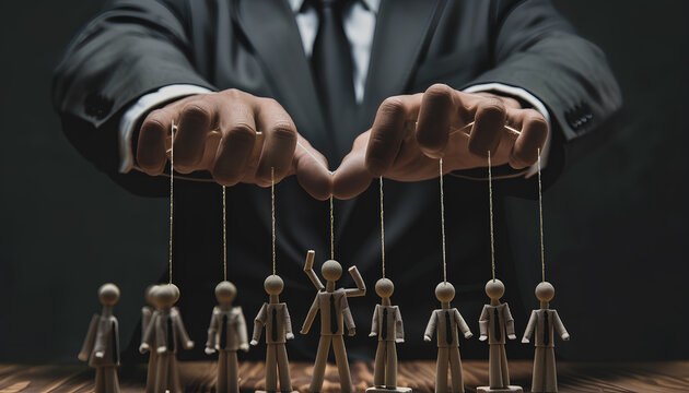 Man in formal suit pulling strings of office staff puppet on dark background