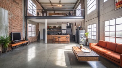 Fototapeta premium Modern Loft Apartment With Exposed Brick And Large Windows