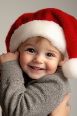 Charming young child wears a bright red Santa hat and a cozy gray sweater, radiating joy with a sweet smile