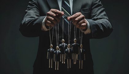 Man in formal suit pulling strings of office staff puppet on dark background