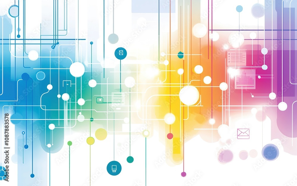 Poster colorful digital abstract design with circular and linear patterns representing technology and conne