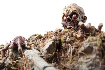 A close-up shot of a zombie's decaying head resting on a pile of dirt