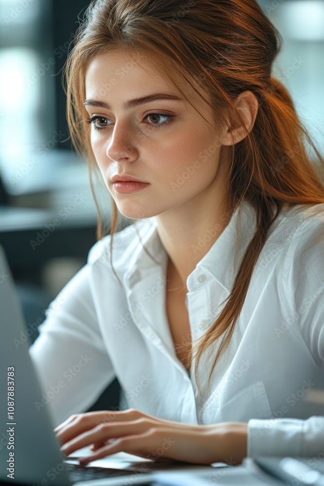 Poster woman sitting in front of a laptop with a determined expression, ready to get work done
