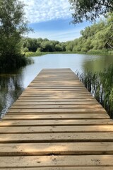 Fototapeta premium Wooden dock extending into calm water surrounded by lush greenery on a sunny day