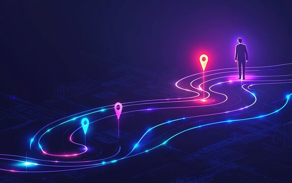 A person stands at a glowing path with colorful markers at a futuristic crossroads in a digital landscape representing choices and opportunities