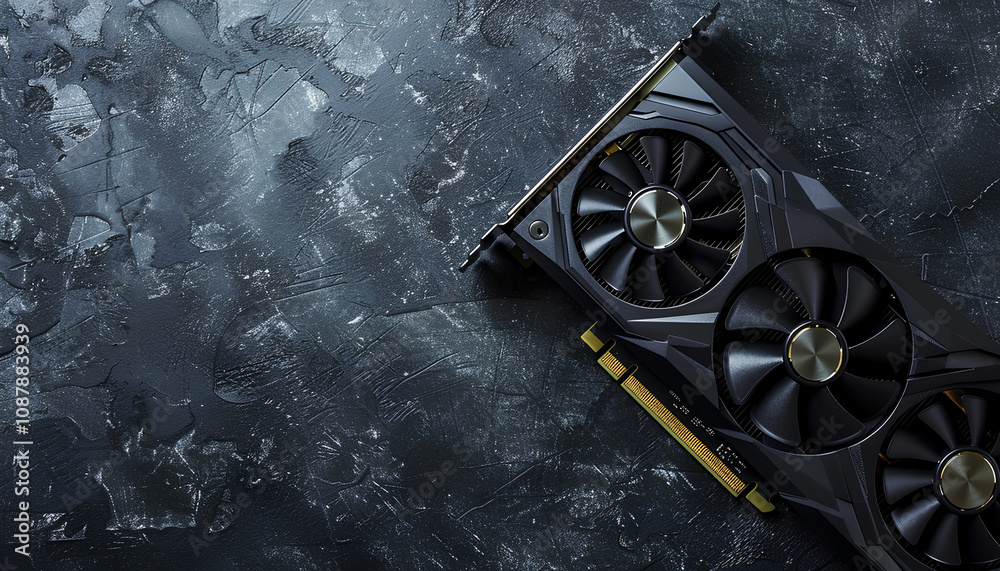 Fototapete computer graphics card on gray textured background, space for text