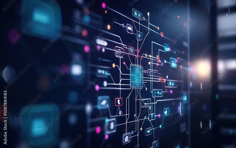 Poster visual representation of interconnected data networks with glowing nodes in a modern digital environ
