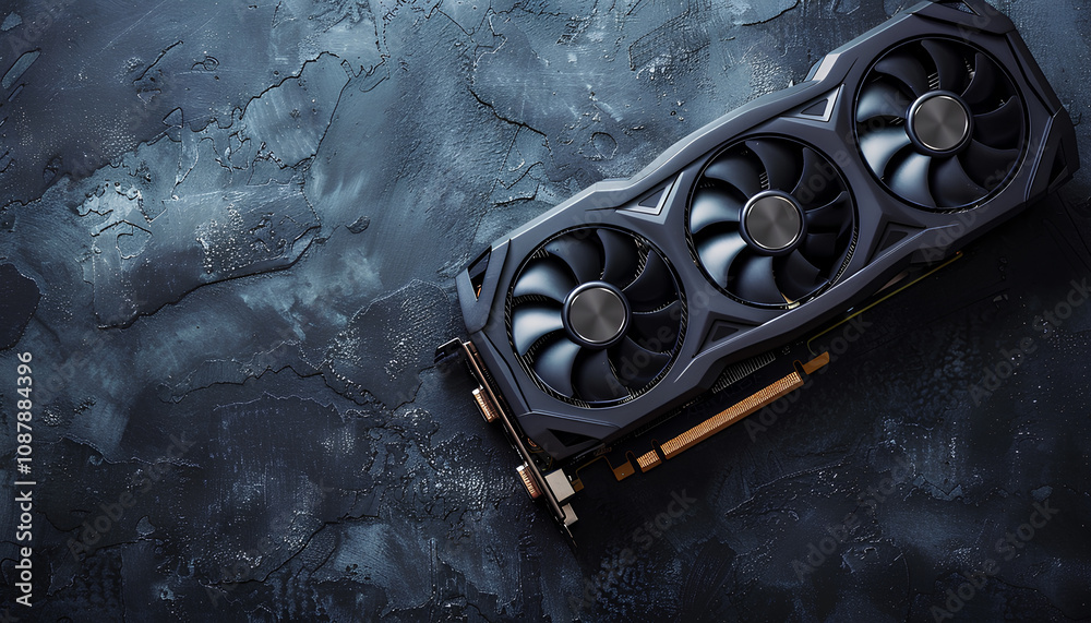 Fototapete computer graphics card on gray textured background, space for text